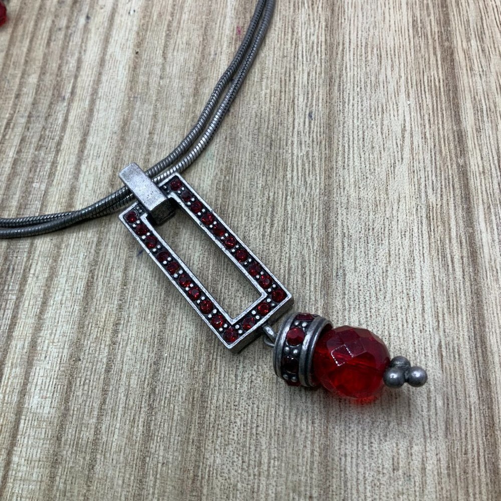 Chico's Red Rhinestone  Rectangle Pendant Mesh Silver Tone Necklace